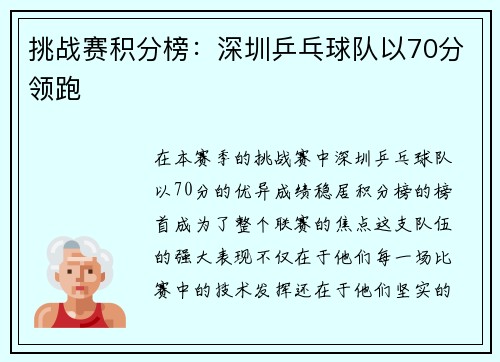 挑战赛积分榜：深圳乒乓球队以70分领跑