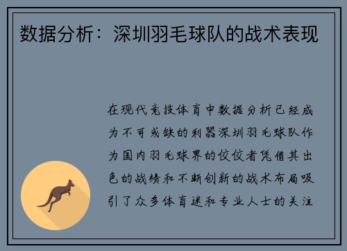 数据分析：深圳羽毛球队的战术表现