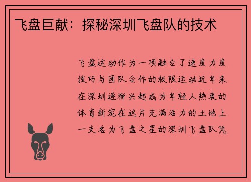 飞盘巨献：探秘深圳飞盘队的技术