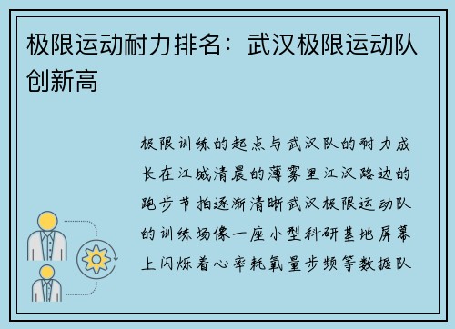 极限运动耐力排名：武汉极限运动队创新高